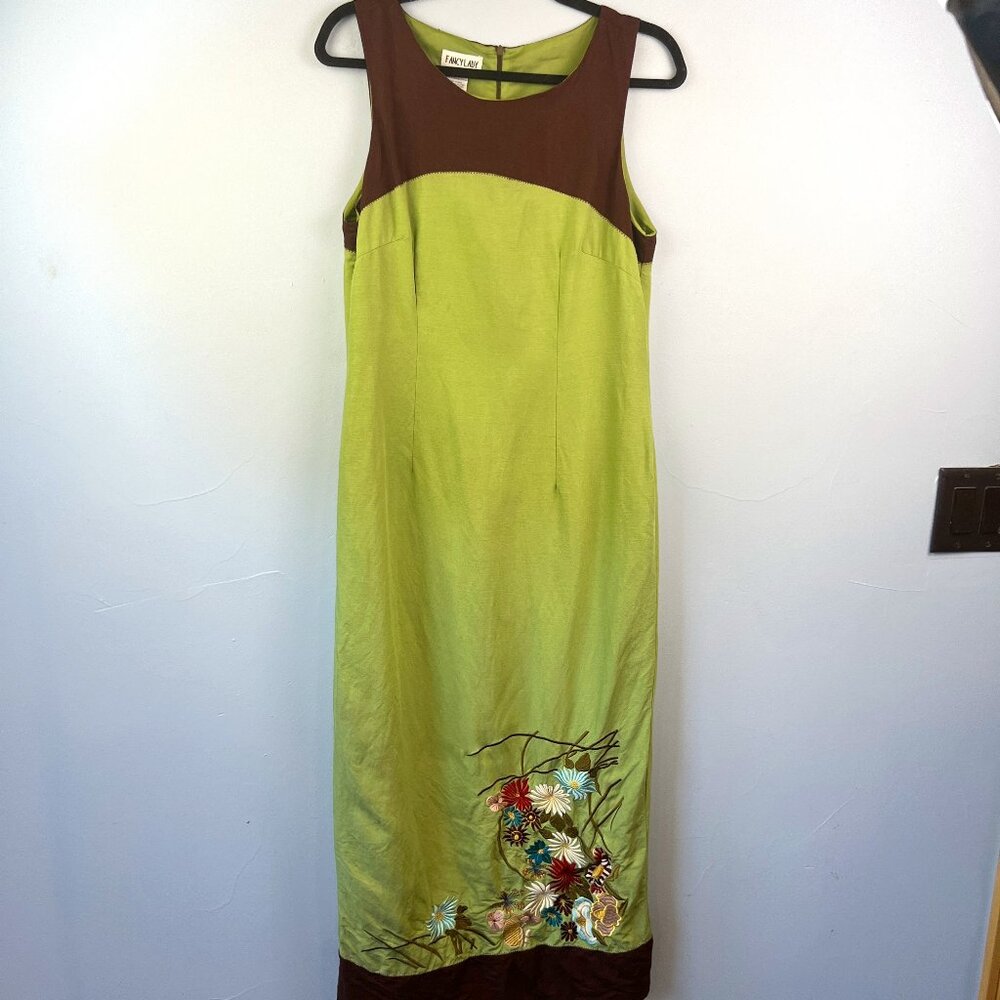 Vintage Fancy Lady‎ Linen Embroidered Sleeveless Sheath Dress Size 10